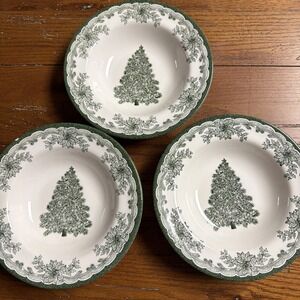 3 Staffordshire Engravings Yuletide Green 8-3/8" Rimmed Soup Bowls